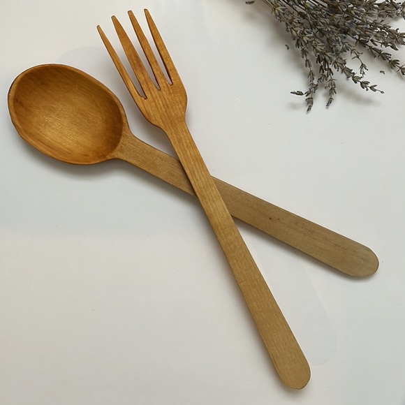 Vintage Kitchen Vintage Hand Carved Wooden Salad Serving Utensils
